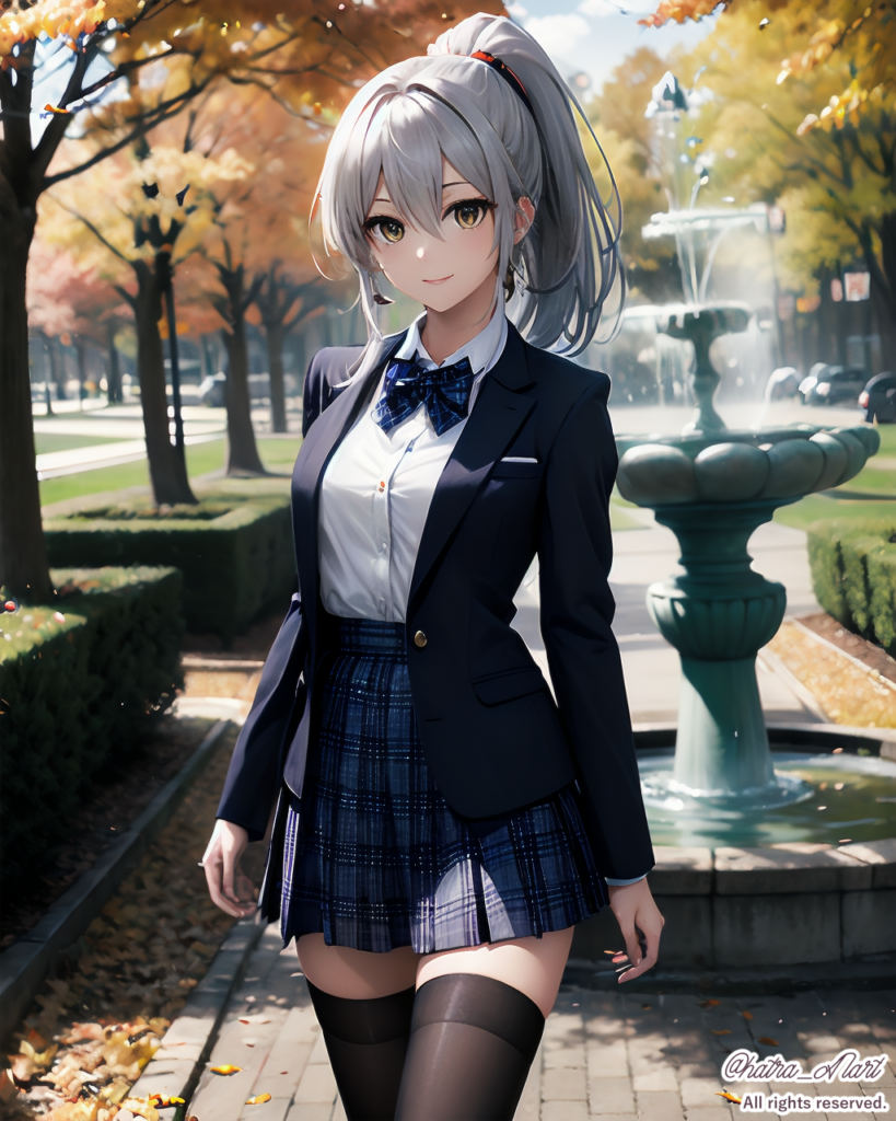 AIポニーテールの秋の公園と制服