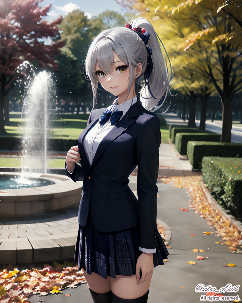 AIポニーテールの秋の公園と制服