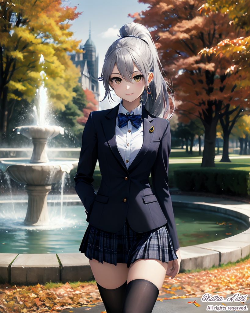 AIポニーテールの秋の公園と制服