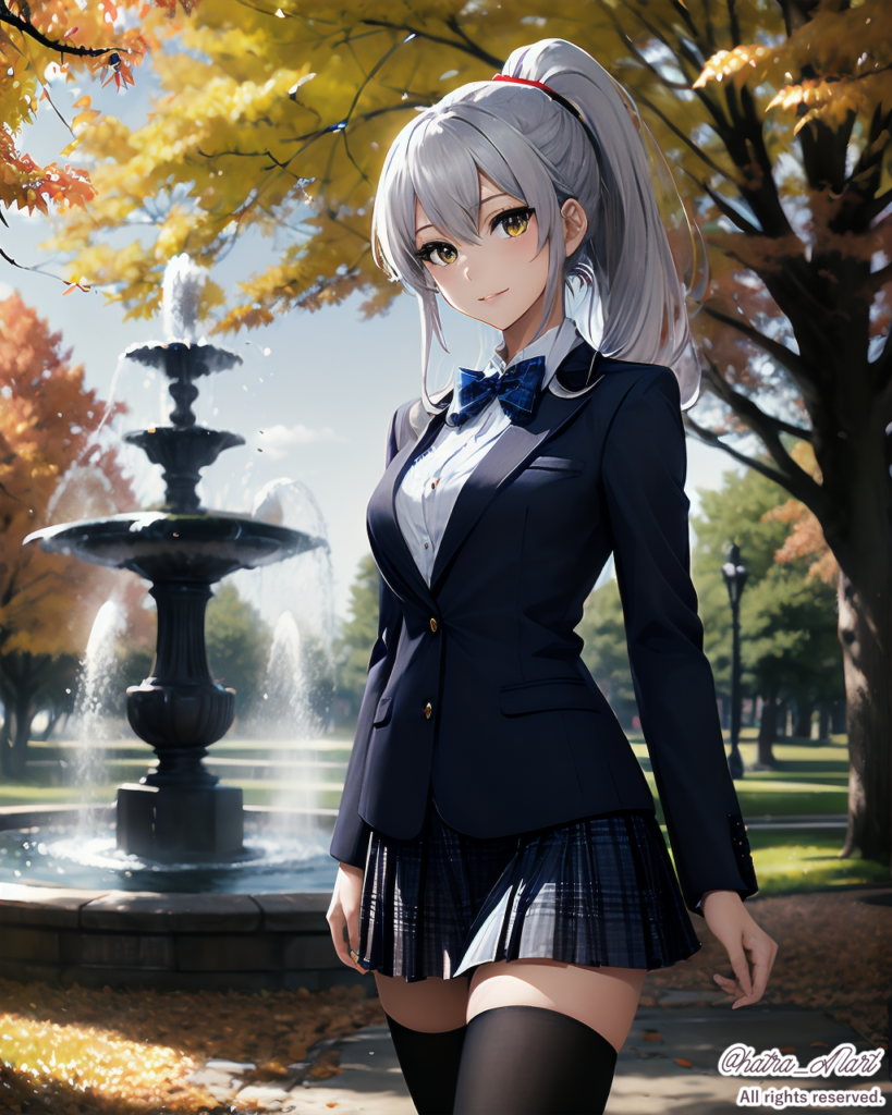 AIポニーテールの秋の公園と制服