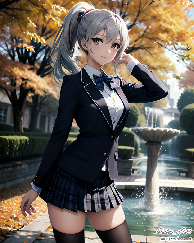 AIポニーテールの秋の公園と制服