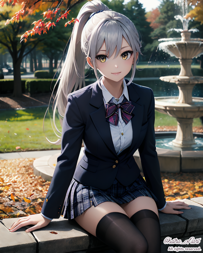 AIポニーテールの秋の公園と制服