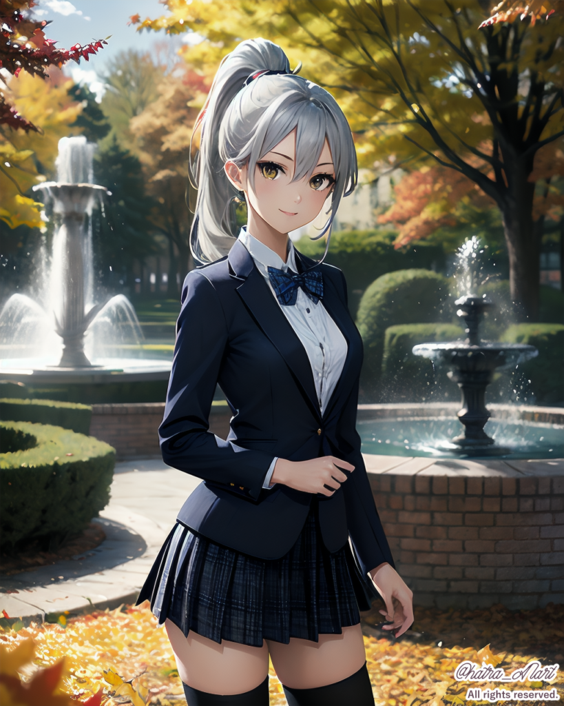 AIポニーテールの秋の公園と制服