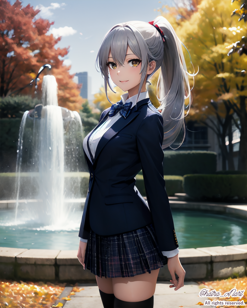 AIポニーテールの秋の公園と制服